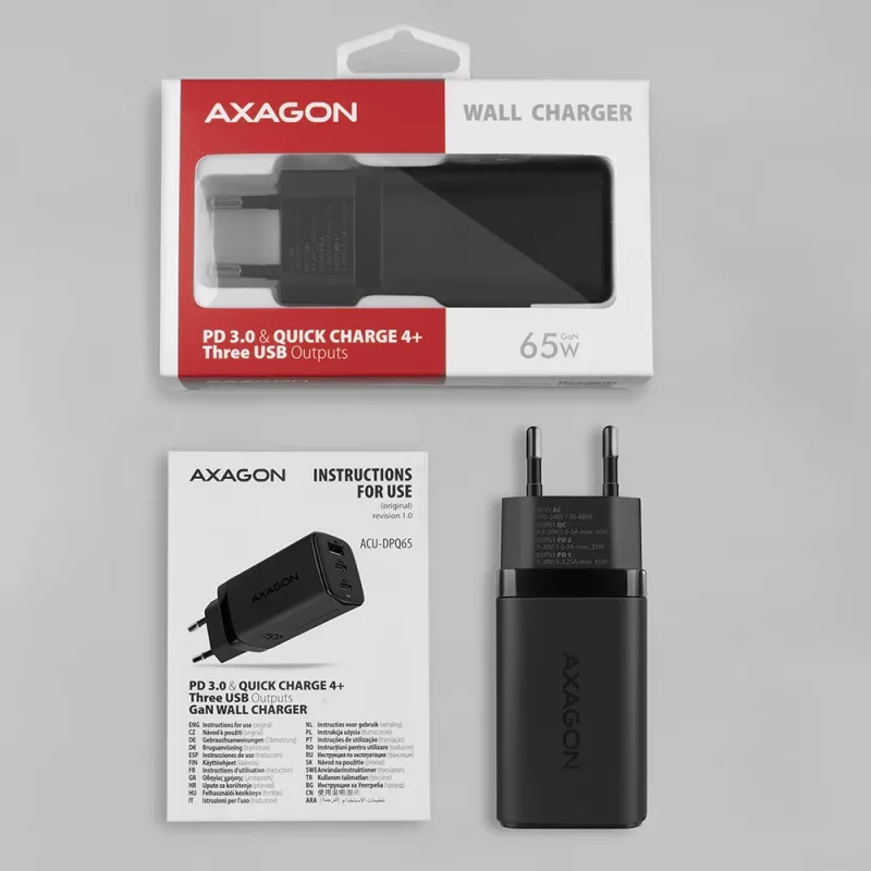 Axagon ACU-DPQ65 GaN-seinälaturi 65W, 3 liitäntää (USB-A + kaksi USB-C), PD3.0/QC4+/PPS/Apple