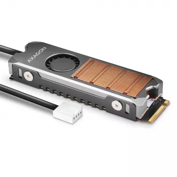 Axagon CLR-M2FAN kuparijäähdytyssiili tuulettimella yksipuolisille ja kaksipuolisille M.2-SSD-asemille, koko 2280, korkeus 13 mm.