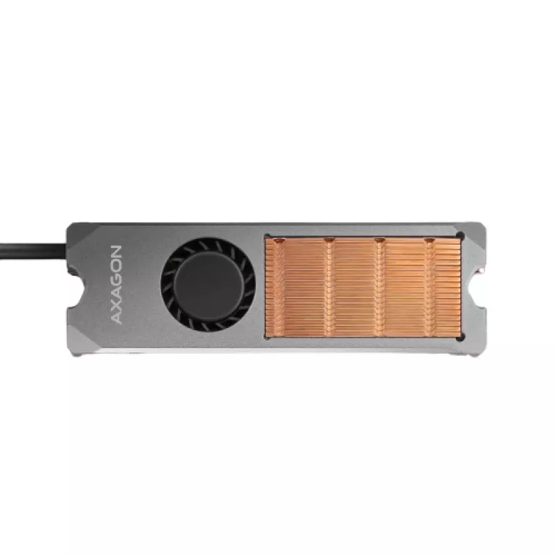 Axagon CLR-M2FAN kuparijäähdytyssiili tuulettimella yksipuolisille ja kaksipuolisille M.2-SSD-asemille, koko 2280, korkeus 13 mm.