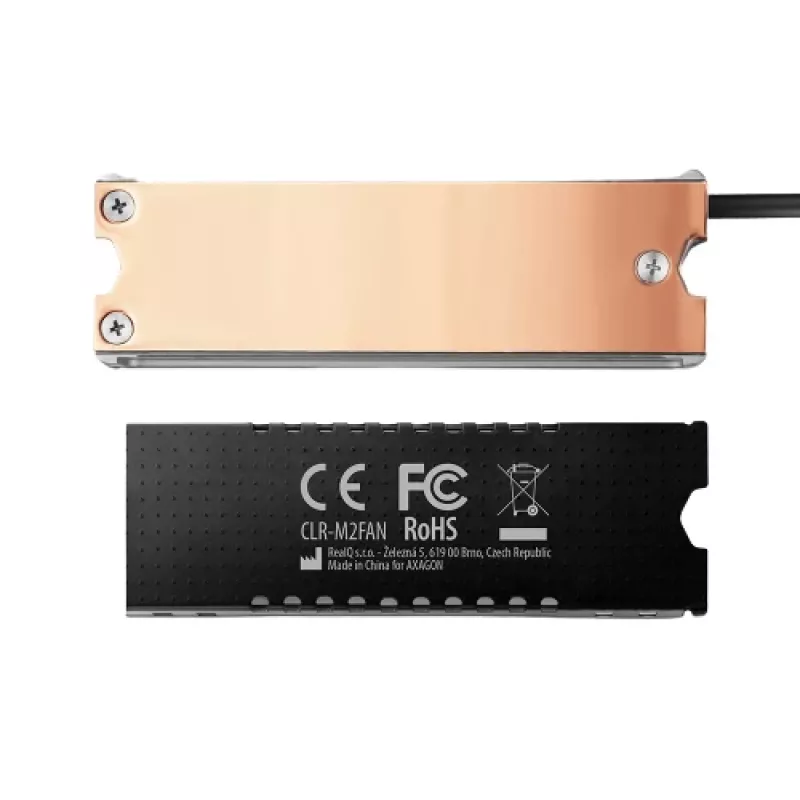 Axagon CLR-M2FAN kuparijäähdytyssiili tuulettimella yksipuolisille ja kaksipuolisille M.2-SSD-asemille, koko 2280, korkeus 13 mm.