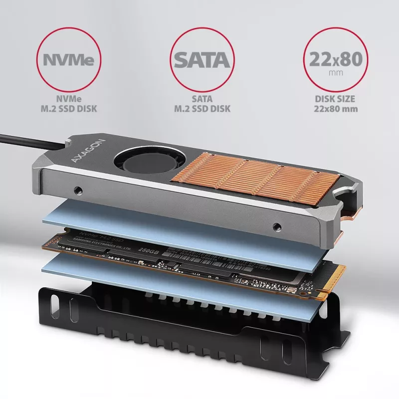 Axagon CLR-M2FAN kuparijäähdytyssiili tuulettimella yksipuolisille ja kaksipuolisille M.2-SSD-asemille, koko 2280, korkeus 13 mm.