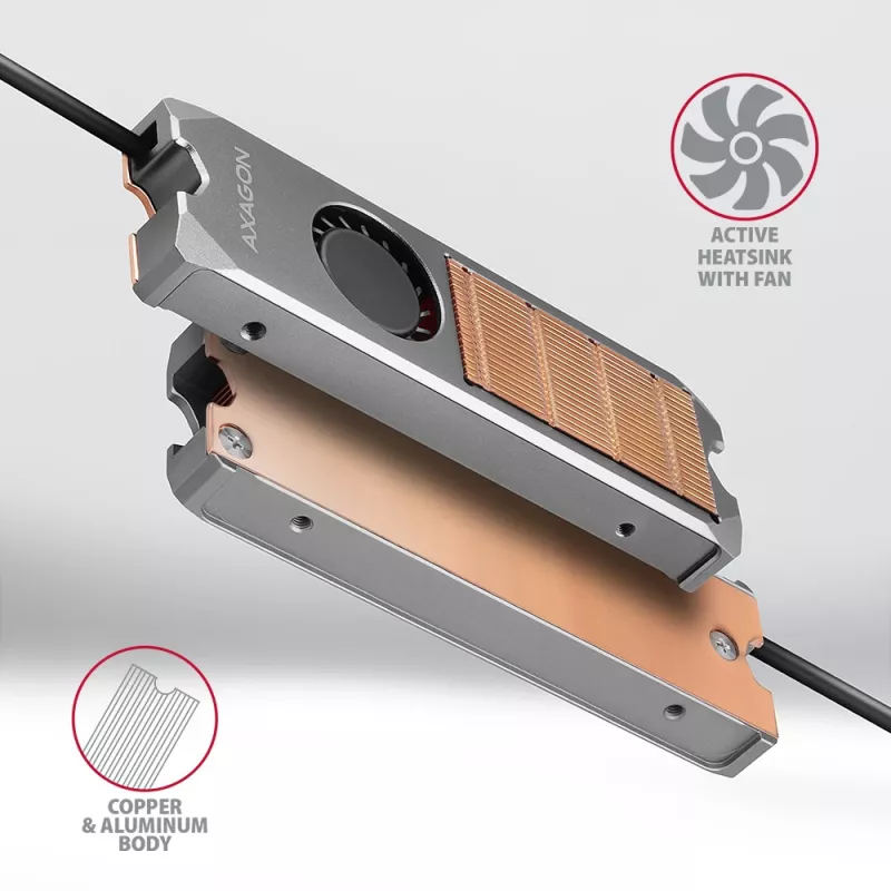Axagon CLR-M2FAN kuparijäähdytyssiili tuulettimella yksipuolisille ja kaksipuolisille M.2-SSD-asemille, koko 2280, korkeus 13 mm.