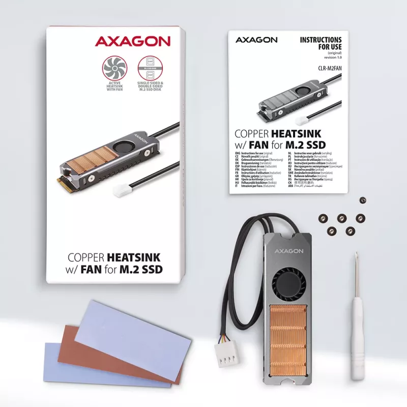 Axagon CLR-M2FAN kuparijäähdytyssiili tuulettimella yksipuolisille ja kaksipuolisille M.2-SSD-asemille, koko 2280, korkeus 13 mm.