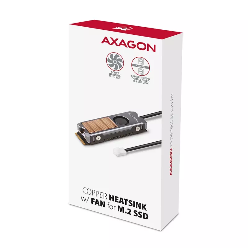 Axagon CLR-M2FAN kuparijäähdytyssiili tuulettimella yksipuolisille ja kaksipuolisille M.2-SSD-asemille, koko 2280, korkeus 13 mm.