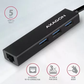 Axagon HMA-GL3A moniporttikeskitin USB 3.0 Type-A Gbit-LAN 3x USB-A microSD johdollinen USB 3.2 Gen 1 (3.1 Gen 1) Type-A musta