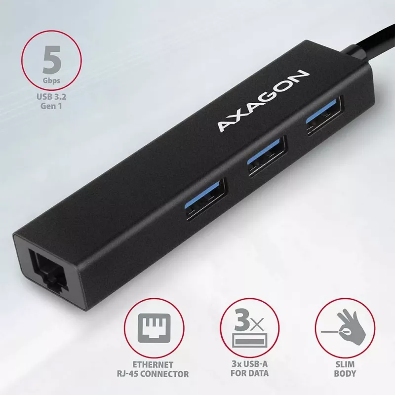 Axagon HMA-GL3A moniporttikeskitin USB 3.0 Type-A Gbit-LAN 3x USB-A microSD johdollinen USB 3.2 Gen 1 (3.1 Gen 1) Type-A musta