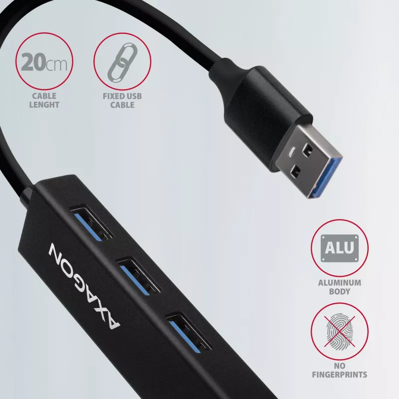 Axagon HMA-GL3A moniporttikeskitin USB 3.0 Type-A Gbit-LAN 3x USB-A microSD johdollinen USB 3.2 Gen 1 (3.1 Gen 1) Type-A musta