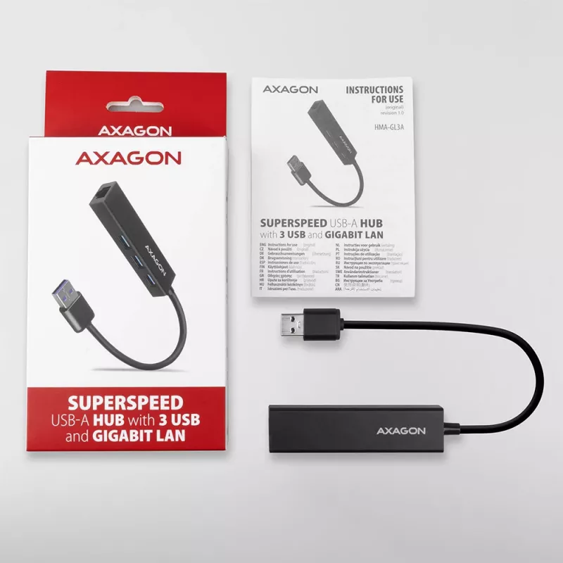 Axagon HMA-GL3A moniporttikeskitin USB 3.0 Type-A Gbit-LAN 3x USB-A microSD johdollinen USB 3.2 Gen 1 (3.1 Gen 1) Type-A musta