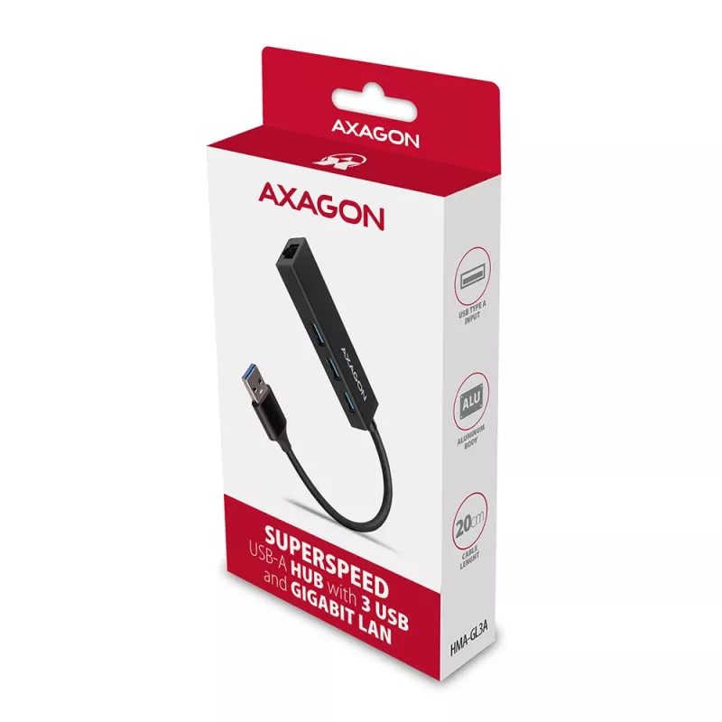 Axagon HMA-GL3A moniporttikeskitin USB 3.0 Type-A Gbit-LAN 3x USB-A microSD johdollinen USB 3.2 Gen 1 (3.1 Gen 1) Type-A musta