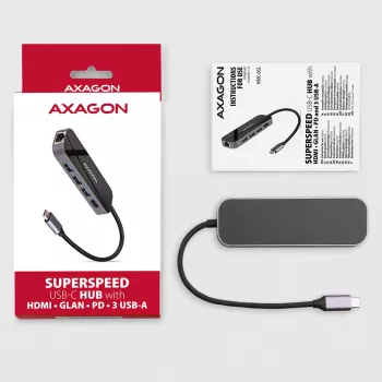 Axagon HMC-6GL USB 3.2 Gen 1 -keskitin, 3x USB-A, HDMI 4K/30Hz, RJ-45, PD 100W, 20 cm USB-C-kaapeli