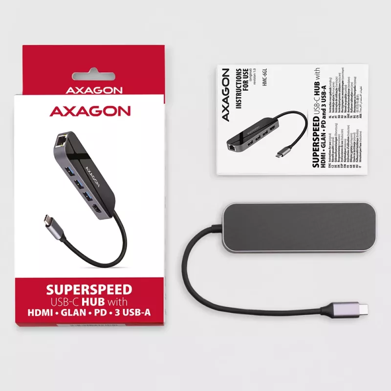 Axagon HMC-6GL USB 3.2 Gen 1 -keskitin, 3x USB-A, HDMI 4K/30Hz, RJ-45, PD 100W, 20 cm USB-C-kaapeli