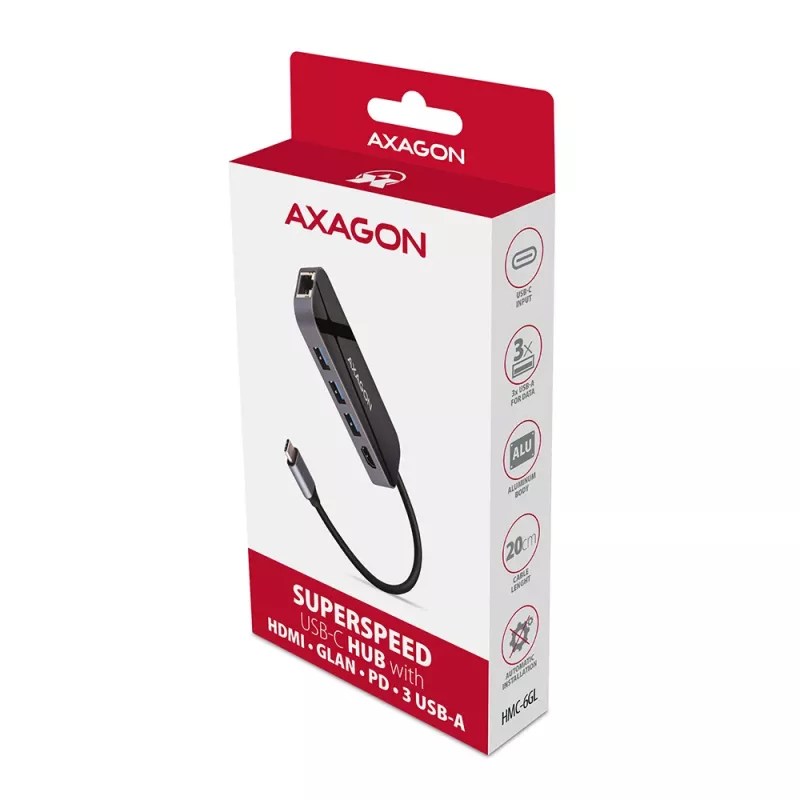 Axagon HMC-6GL USB 3.2 Gen 1 -keskitin, 3x USB-A, HDMI 4K/30Hz, RJ-45, PD 100W, 20 cm USB-C-kaapeli