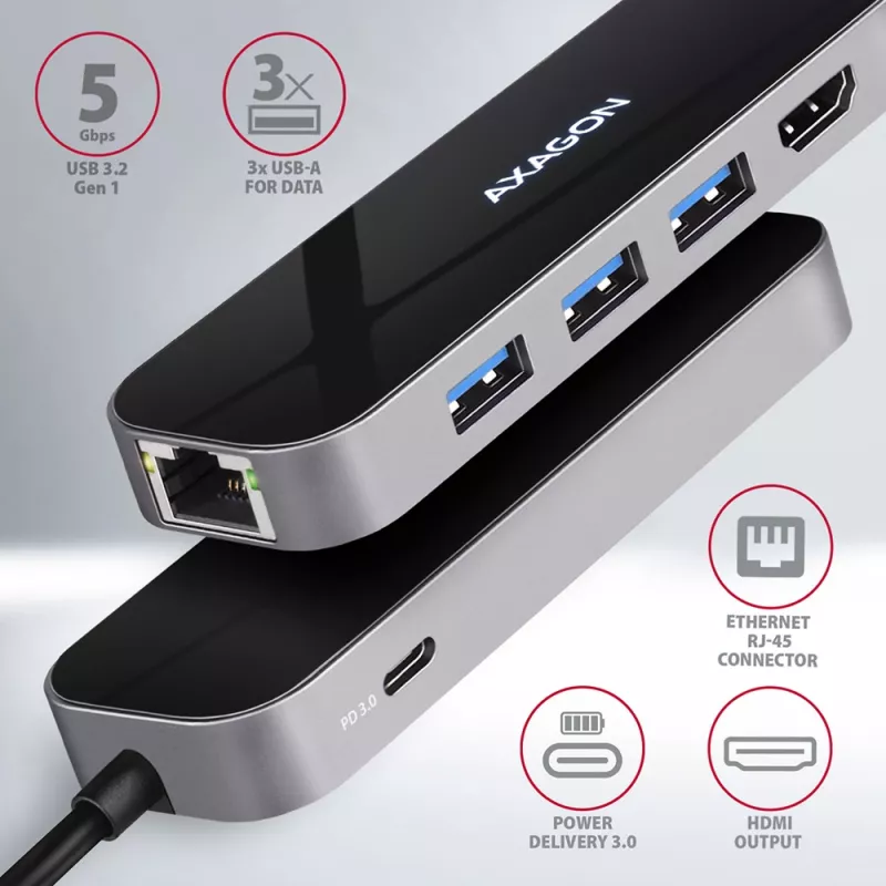 Axagon HMC-6GL USB 3.2 Gen 1 -keskitin, 3x USB-A, HDMI 4K/30Hz, RJ-45, PD 100W, 20 cm USB-C-kaapeli