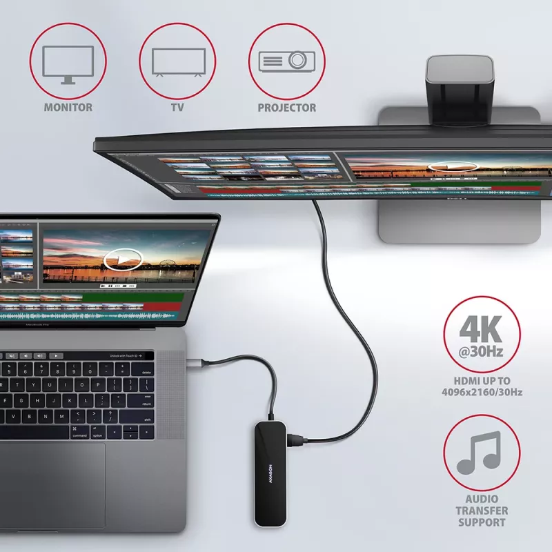 Axagon HMC-6GL USB 3.2 Gen 1 -keskitin, 3x USB-A, HDMI 4K/30Hz, RJ-45, PD 100W, 20 cm USB-C-kaapeli