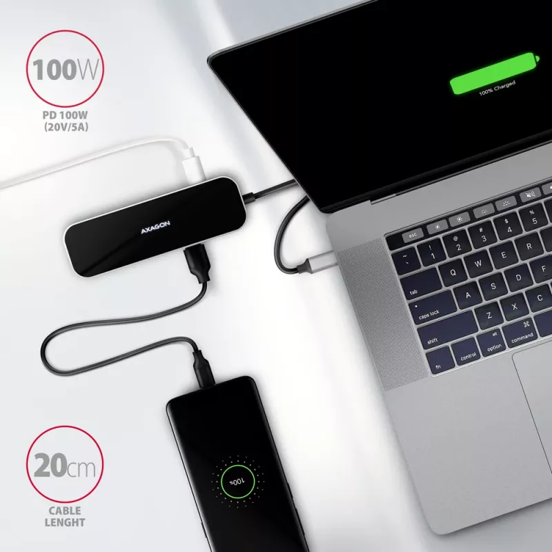Axagon HMC-6GL USB 3.2 Gen 1 -keskitin, 3x USB-A, HDMI 4K/30Hz, RJ-45, PD 100W, 20 cm USB-C-kaapeli