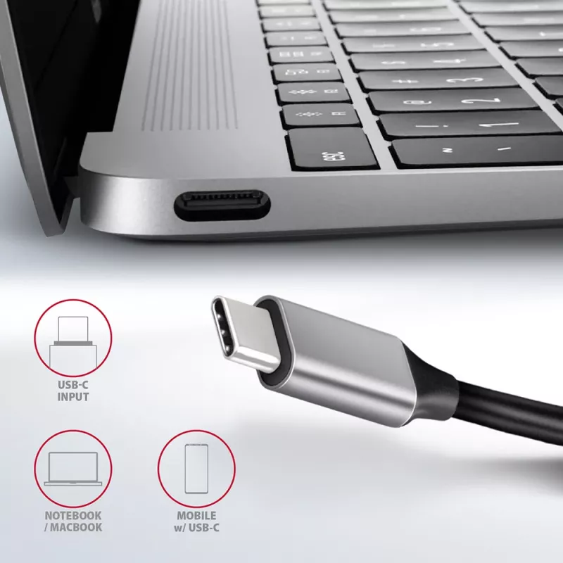 Axagon HMC-6GL USB 3.2 Gen 1 -keskitin, 3x USB-A, HDMI 4K/30Hz, RJ-45, PD 100W, 20 cm USB-C-kaapeli