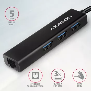 USB-C-keskitin Axagon HMC-GL3A 3x USB-A Gbit-LAN musta