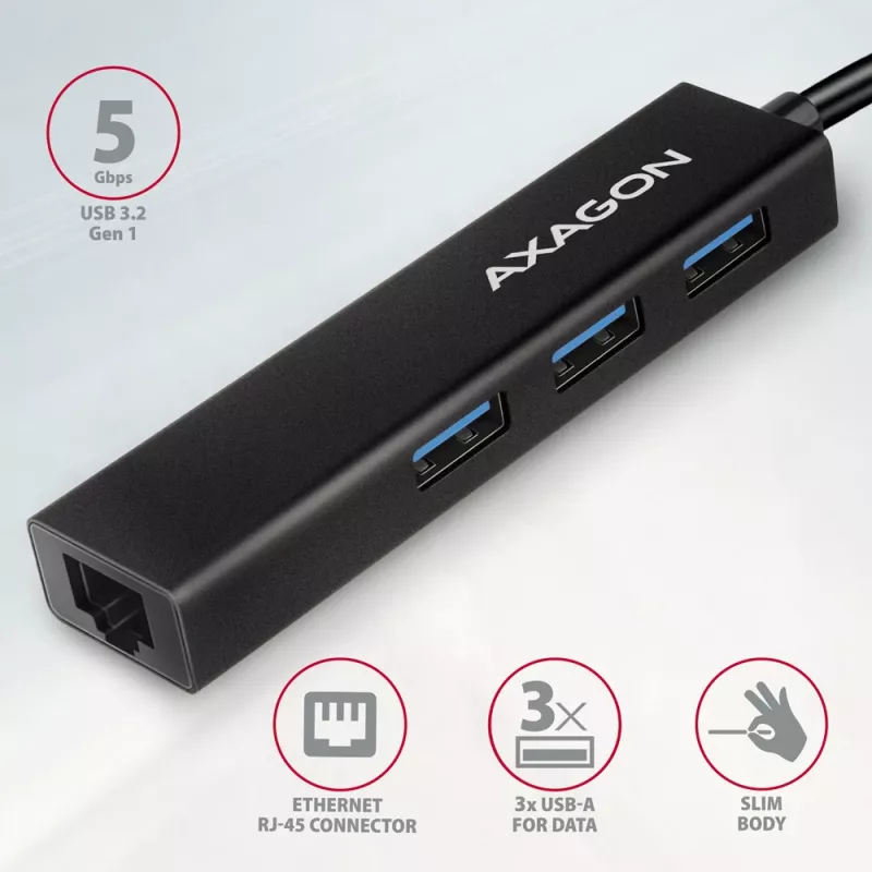 USB-C-keskitin Axagon HMC-GL3A 3x USB-A Gbit-LAN musta