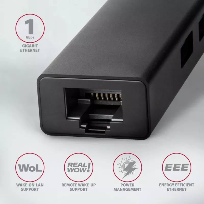 USB-C-keskitin Axagon HMC-GL3A 3x USB-A Gbit-LAN musta