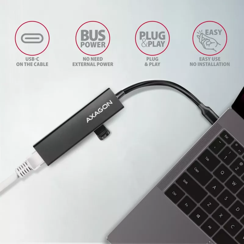 USB-C-keskitin Axagon HMC-GL3A 3x USB-A Gbit-LAN musta