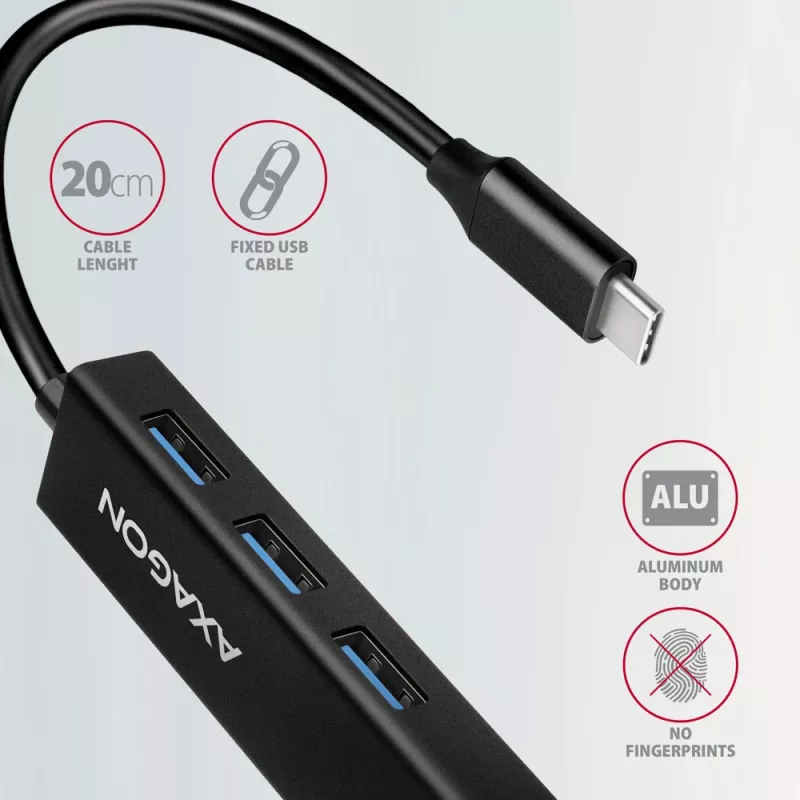 USB-C-keskitin Axagon HMC-GL3A 3x USB-A Gbit-LAN musta