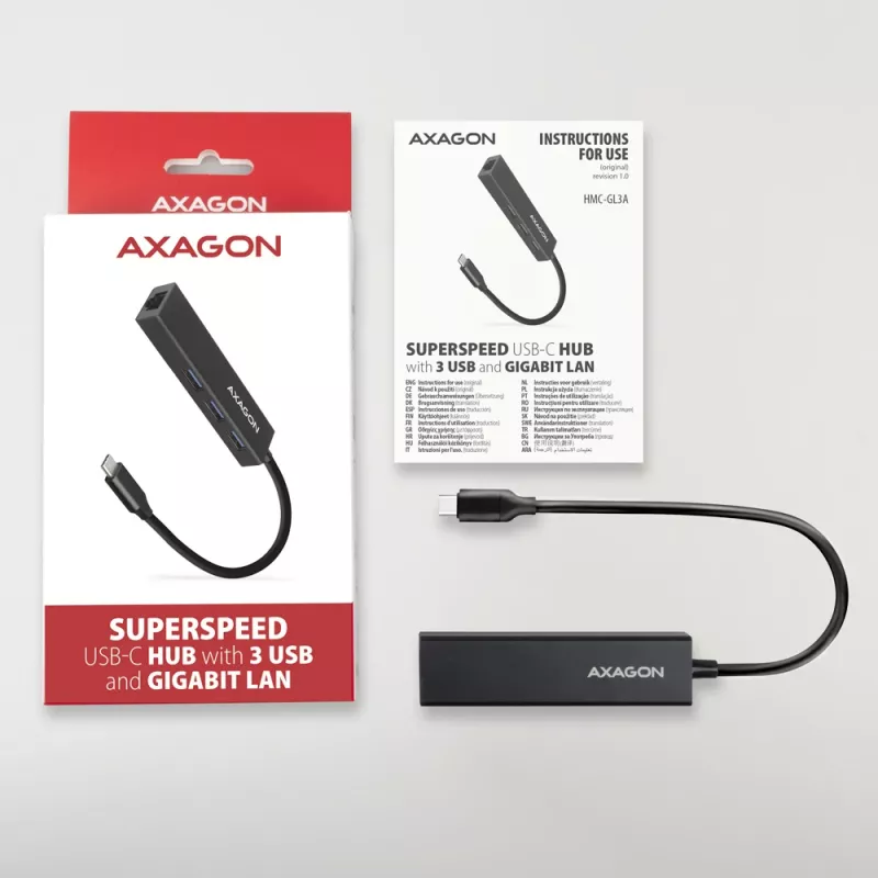 USB-C-keskitin Axagon HMC-GL3A 3x USB-A Gbit-LAN musta
