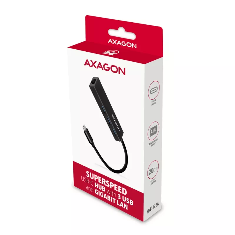 USB-C-keskitin Axagon HMC-GL3A 3x USB-A Gbit-LAN musta