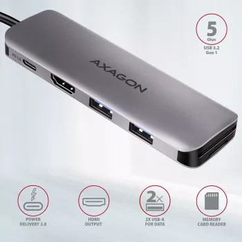 Axagon HMC-5 USB 3.2 Gen 1 -keskitin, 2x USB-A, HDMI, SD/microSD, PD 100W, 20 cm USB-C-kaapeli