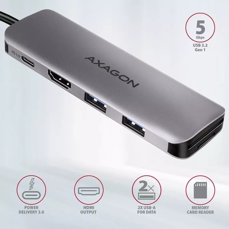 Axagon HMC-5 USB 3.2 Gen 1 -keskitin, 2x USB-A, HDMI, SD/microSD, PD 100W, 20 cm USB-C-kaapeli