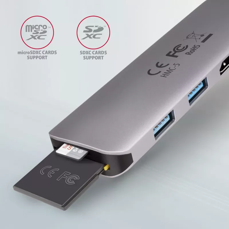 Axagon HMC-5 USB 3.2 Gen 1 -keskitin, 2x USB-A, HDMI, SD/microSD, PD 100W, 20 cm USB-C-kaapeli