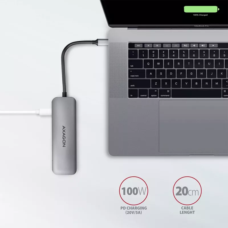 Axagon HMC-5 USB 3.2 Gen 1 -keskitin, 2x USB-A, HDMI, SD/microSD, PD 100W, 20 cm USB-C-kaapeli