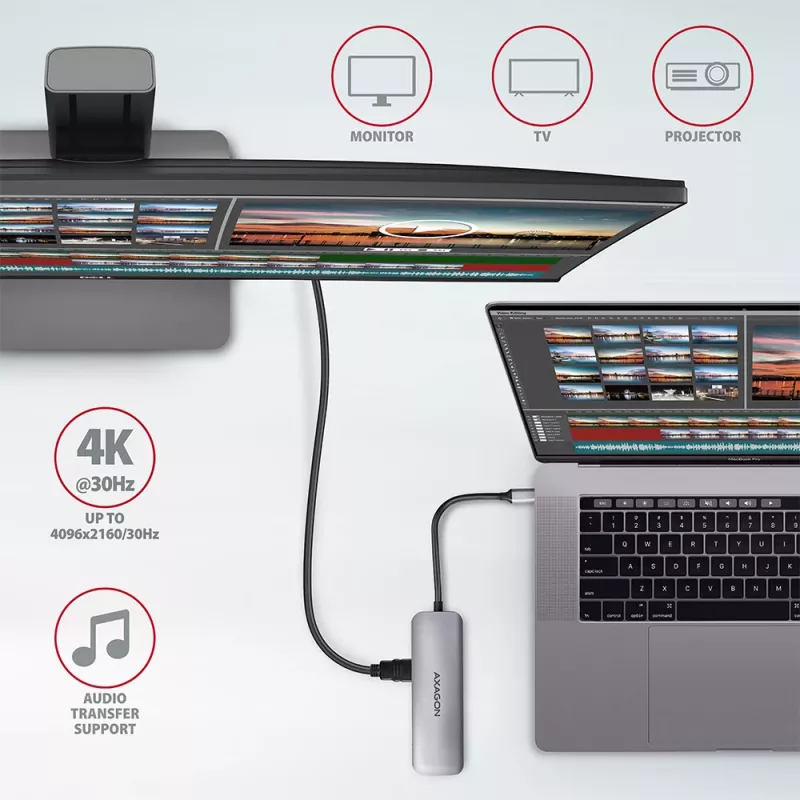 Axagon HMC-5 USB 3.2 Gen 1 -keskitin, 2x USB-A, HDMI, SD/microSD, PD 100W, 20 cm USB-C-kaapeli