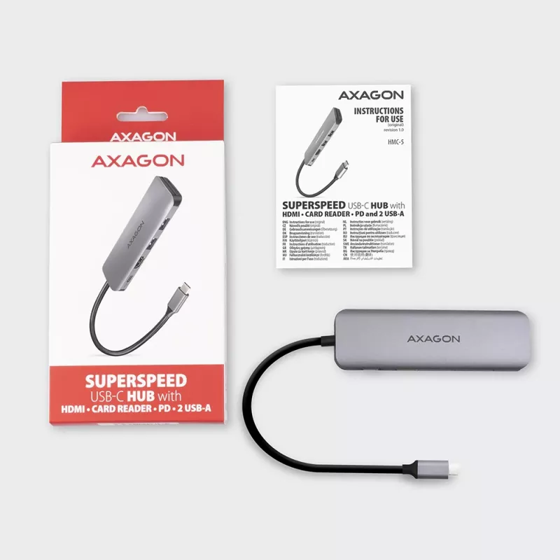 Axagon HMC-5 USB 3.2 Gen 1 -keskitin, 2x USB-A, HDMI, SD/microSD, PD 100W, 20 cm USB-C-kaapeli