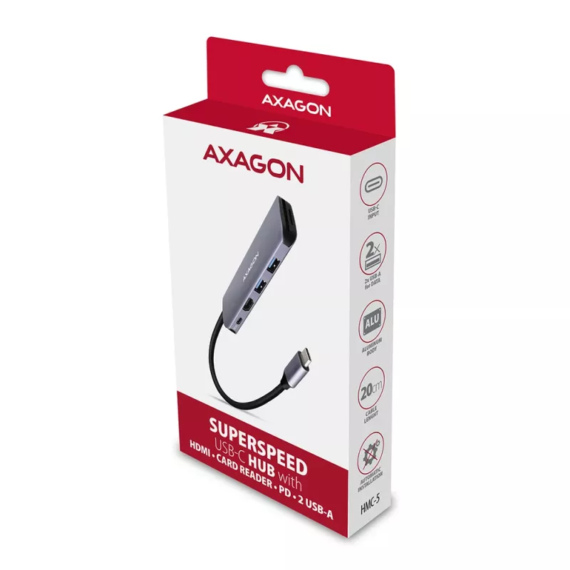 Axagon HMC-5 USB 3.2 Gen 1 -keskitin, 2x USB-A, HDMI, SD/microSD, PD 100W, 20 cm USB-C-kaapeli