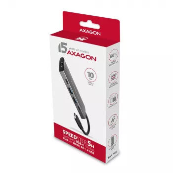 Axagon HMC-5G2 USB 10Gbps -keskitin, 2x USB-A, 2x USB-C, HDMI 4K/60Hz, PD 100W, USB-C-kaapeli