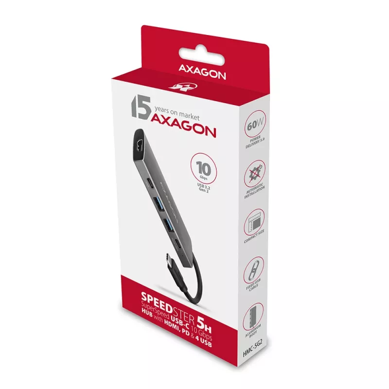 Axagon HMC-5G2 SPEEDSTER 5-in-1 USB-C-keskitin, 2x USB-A, 2x USB-C, HDMI, PD 60 W