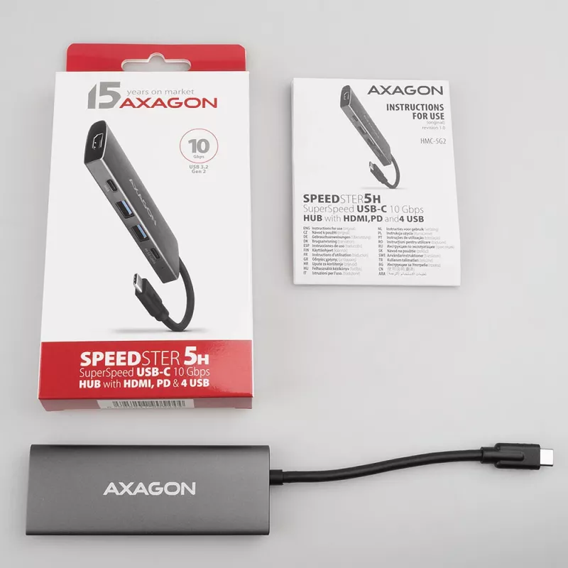 Axagon HMC-5G2 SPEEDSTER 5-in-1 USB-C-keskitin, 2x USB-A, 2x USB-C, HDMI, PD 60 W