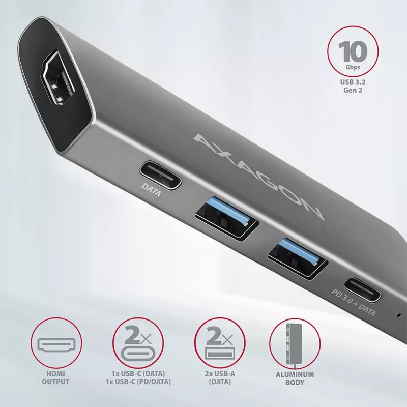 Axagon HMC-5G2 SPEEDSTER 5-in-1 USB-C-keskitin, 2x USB-A, 2x USB-C, HDMI, PD 60 W
