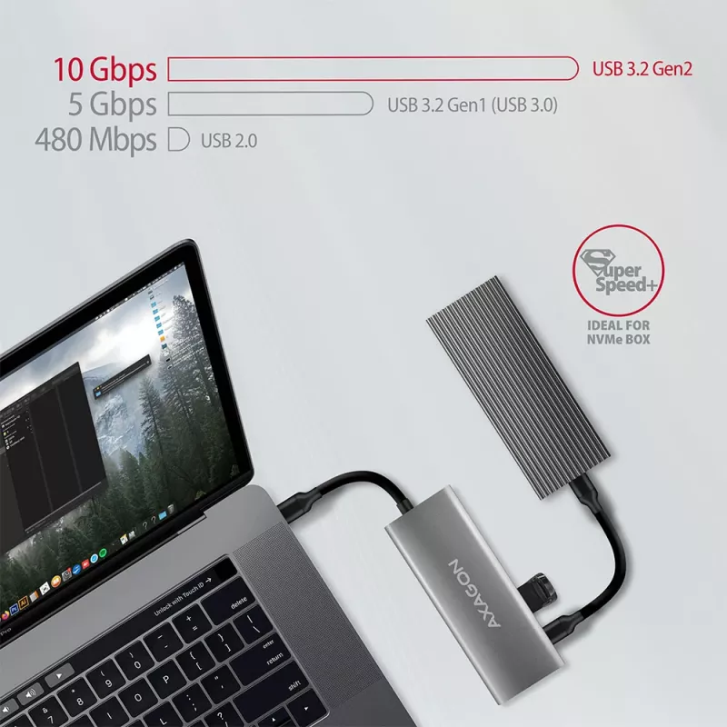 Axagon HMC-5G2 SPEEDSTER 5-in-1 USB-C-keskitin, 2x USB-A, 2x USB-C, HDMI, PD 60 W