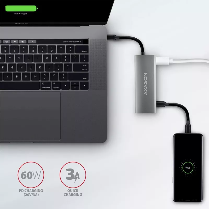 Axagon HMC-5G2 SPEEDSTER 5-in-1 USB-C-keskitin, 2x USB-A, 2x USB-C, HDMI, PD 60 W