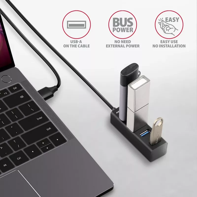 Axagon HUE-M1AL 4x USB 3.2 Gen 1 MINI-keskitin, metalli, 1,2 m USB-A-kaapeli