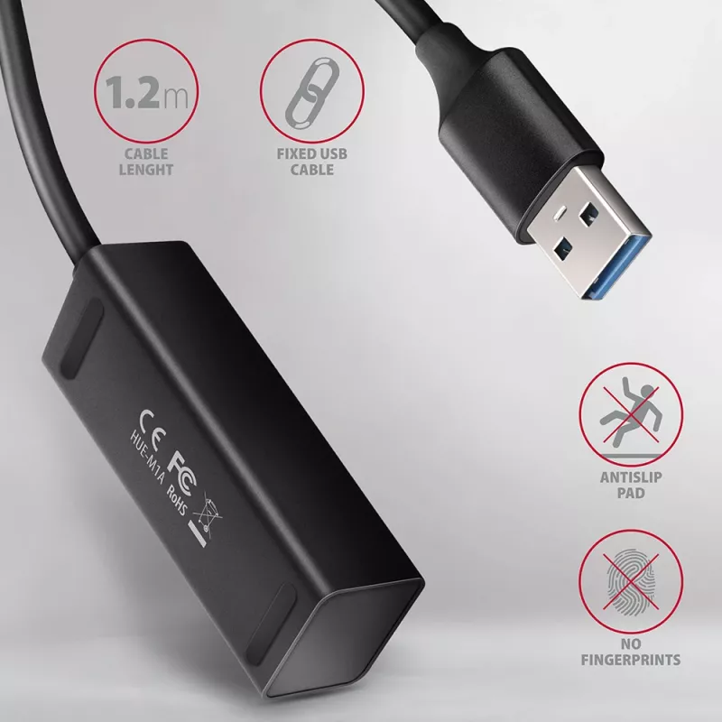 Axagon HUE-M1AL 4x USB 3.2 Gen 1 MINI-keskitin, metalli, 1,2 m USB-A-kaapeli