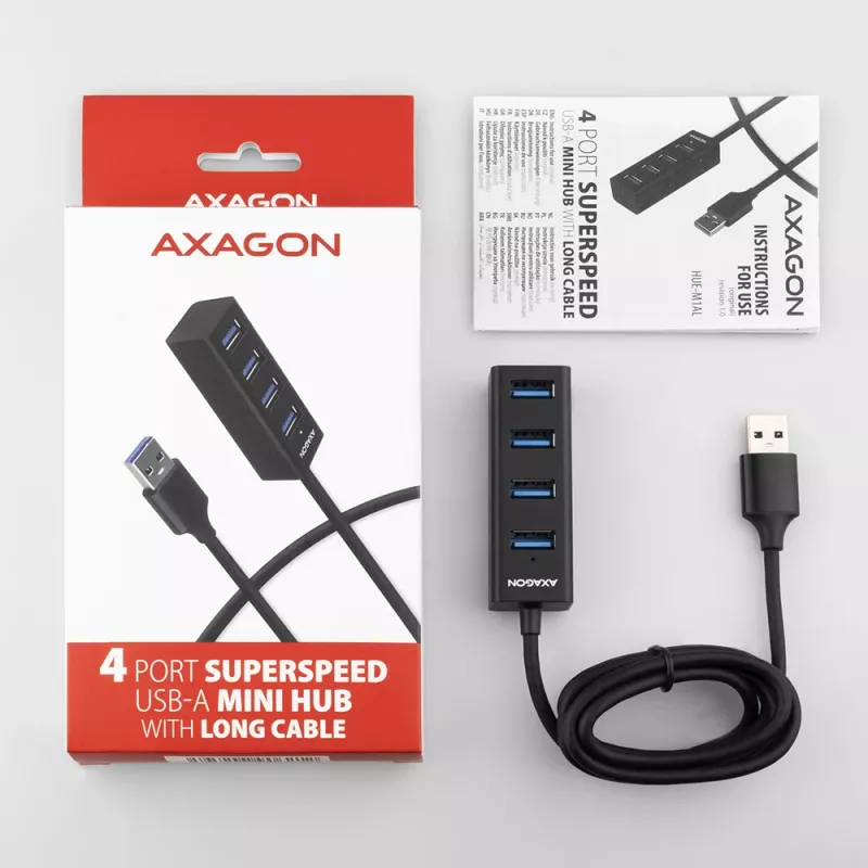 Axagon HUE-M1AL 4x USB 3.2 Gen 1 MINI-keskitin, metalli, 1,2 m USB-A-kaapeli