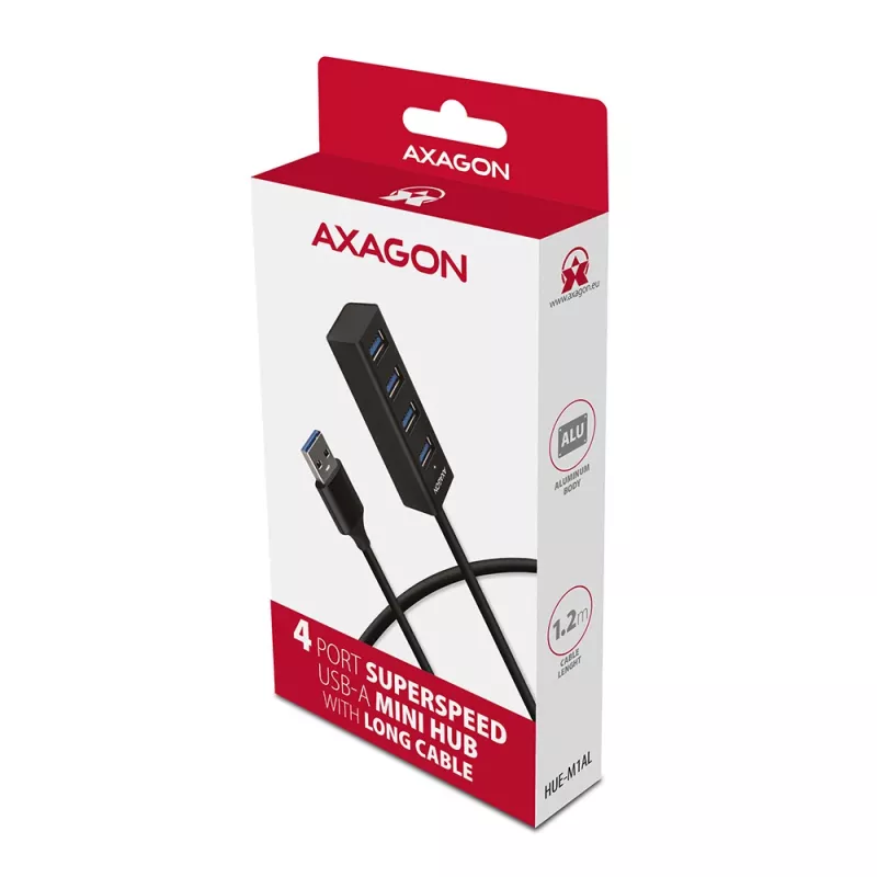 Axagon HUE-M1AL 4x USB 3.2 Gen 1 MINI-keskitin, metalli, 1,2 m USB-A-kaapeli