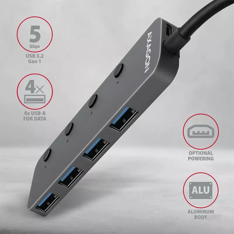 Axagon HUE-MSA Superspeed USB-A-kytkinkeskitin 4x USB 3.0 aktiivinen - 20cm musta USB 3.2 Gen 1 (3.1 Gen 1) Type-A 5000 Mbit/s harmaa
