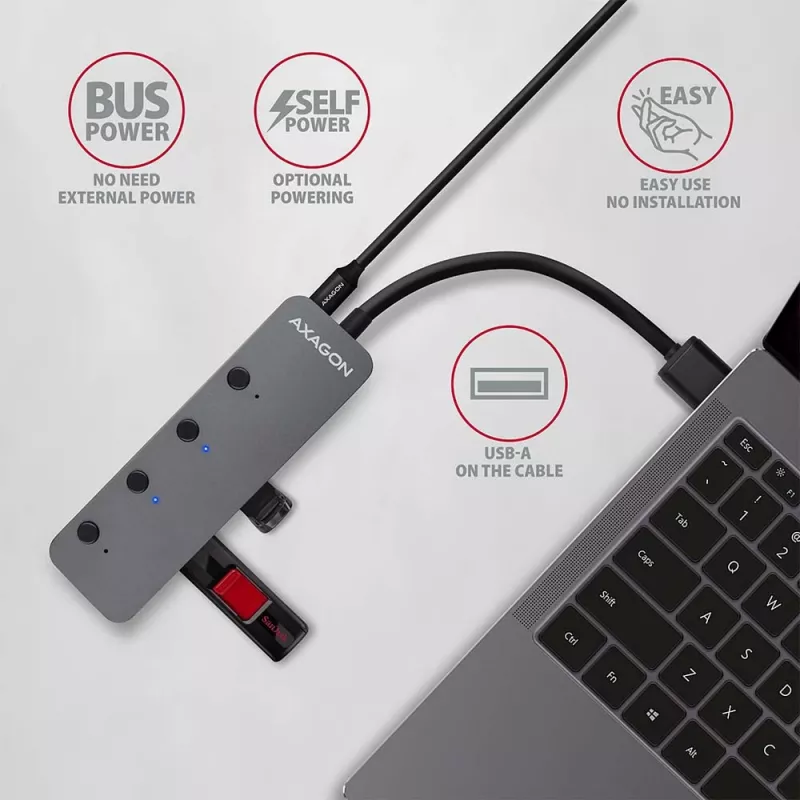 Axagon HUE-MSA Superspeed USB-A-kytkinkeskitin 4x USB 3.0 aktiivinen - 20cm musta USB 3.2 Gen 1 (3.1 Gen 1) Type-A 5000 Mbit/s harmaa