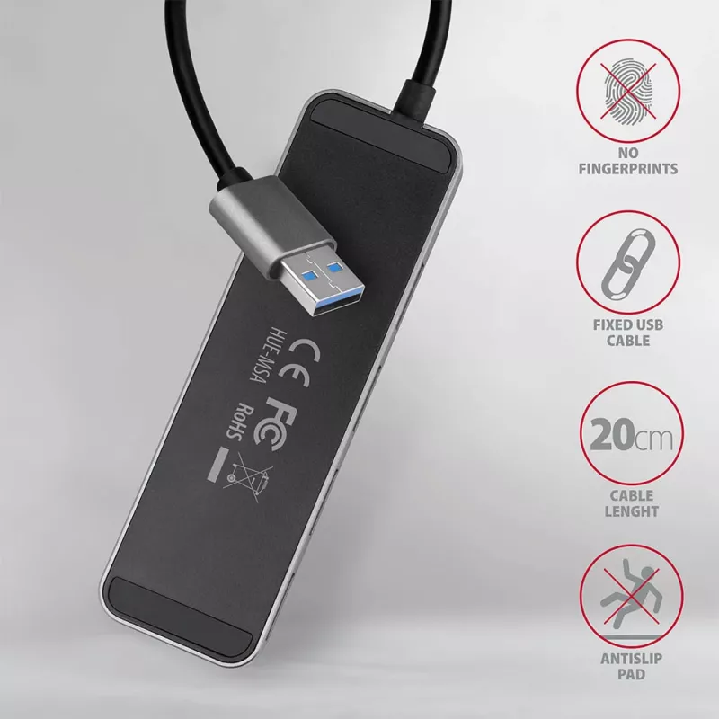 Axagon HUE-MSA Superspeed USB-A-kytkinkeskitin 4x USB 3.0 aktiivinen - 20cm musta USB 3.2 Gen 1 (3.1 Gen 1) Type-A 5000 Mbit/s harmaa