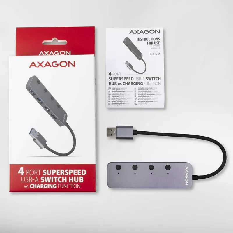 Axagon HUE-MSA Superspeed USB-A-kytkinkeskitin 4x USB 3.0 aktiivinen - 20cm musta USB 3.2 Gen 1 (3.1 Gen 1) Type-A 5000 Mbit/s harmaa