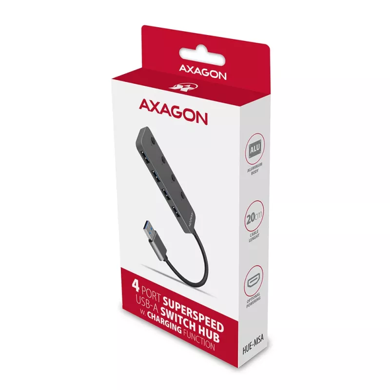Axagon HUE-MSA Superspeed USB-A-kytkinkeskitin 4x USB 3.0 aktiivinen - 20cm musta USB 3.2 Gen 1 (3.1 Gen 1) Type-A 5000 Mbit/s harmaa