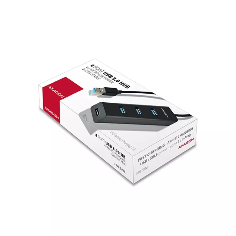 Axagon HUE-S2BL 4x USB 3.0 CHARGING -keskitin 1,2 m kaapelilla, virransyöttö Micro-USB:n kautta